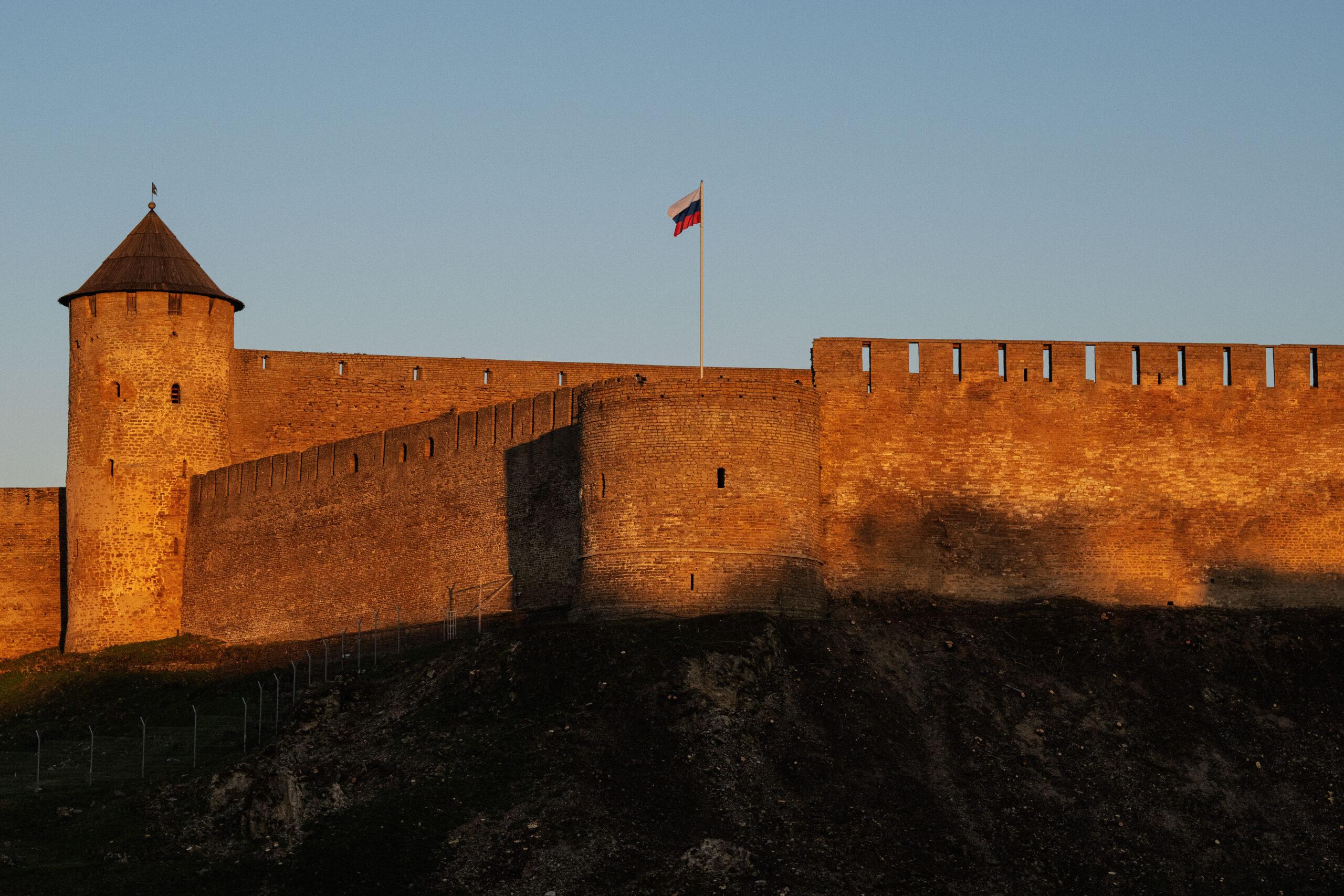 A Russian flag flies in the city of Ivangorod.