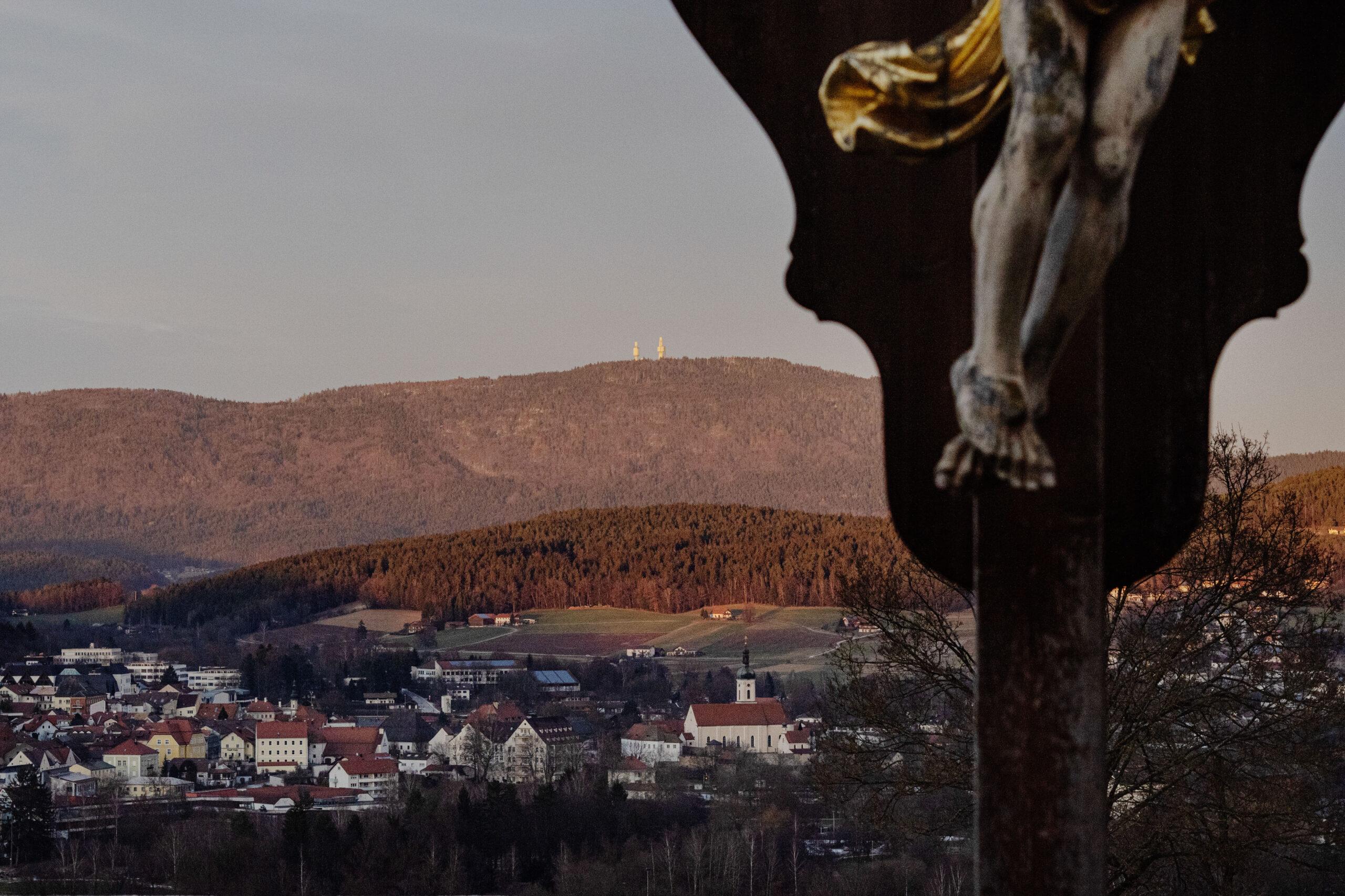 The feet of Christ on the cross overlooks the Bavarian spa town of Bad Kötzting in Germany.