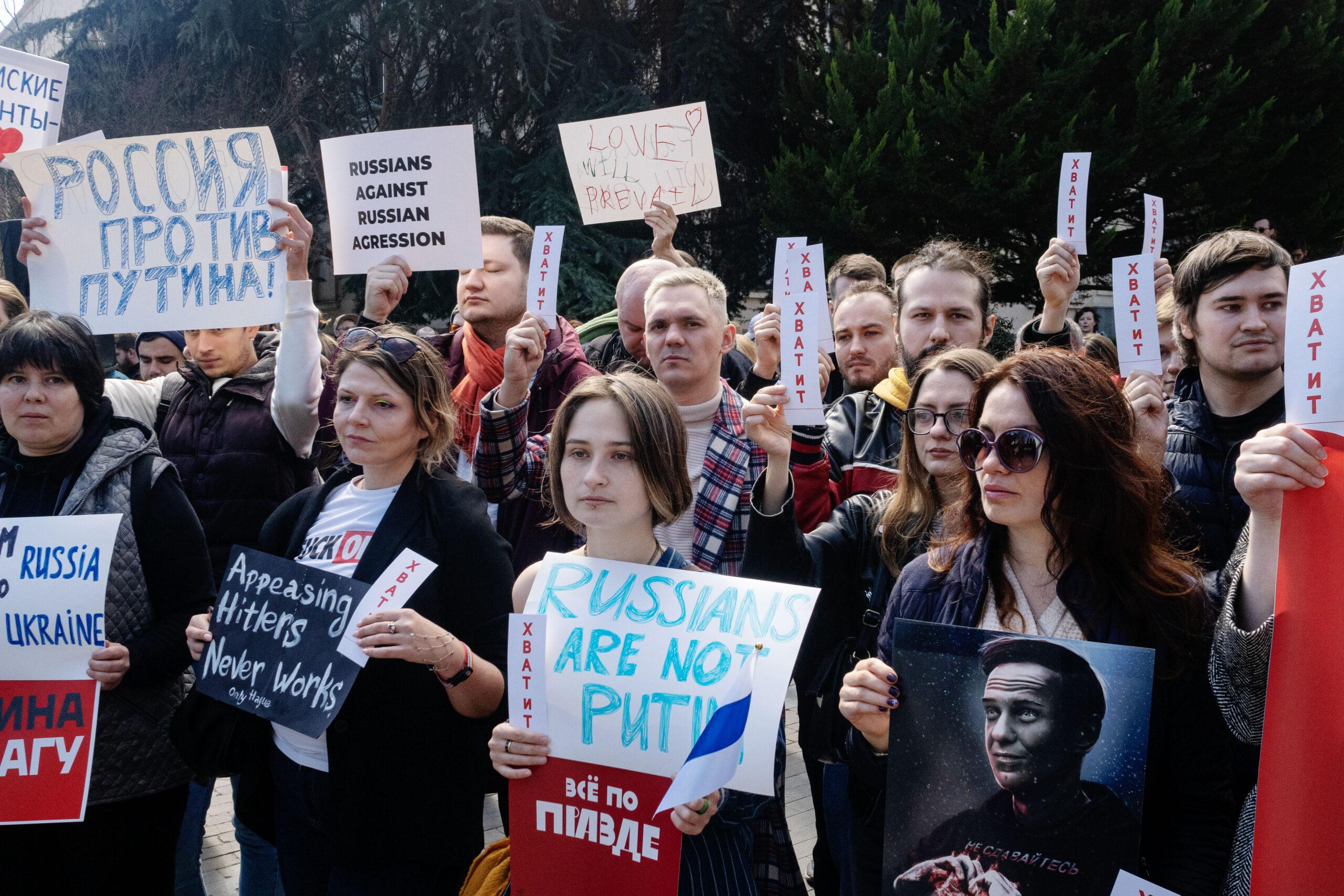 Exiled Russians and others in the Georgian capital of Tbilisi demonstrate against Putin and the war in Ukraine.