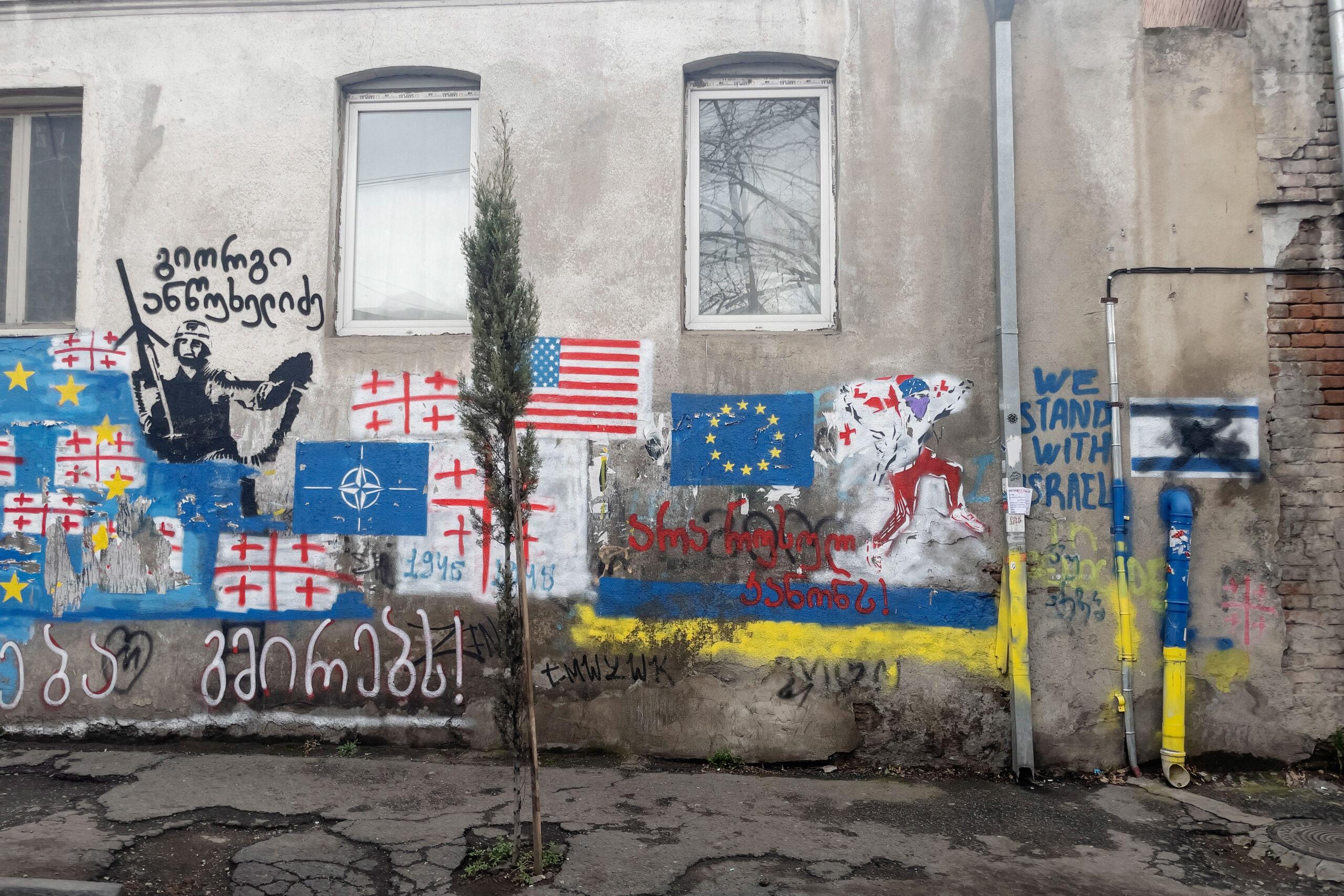 Pro-West graffiti is seen in the Georgian capital of Tbilisi.