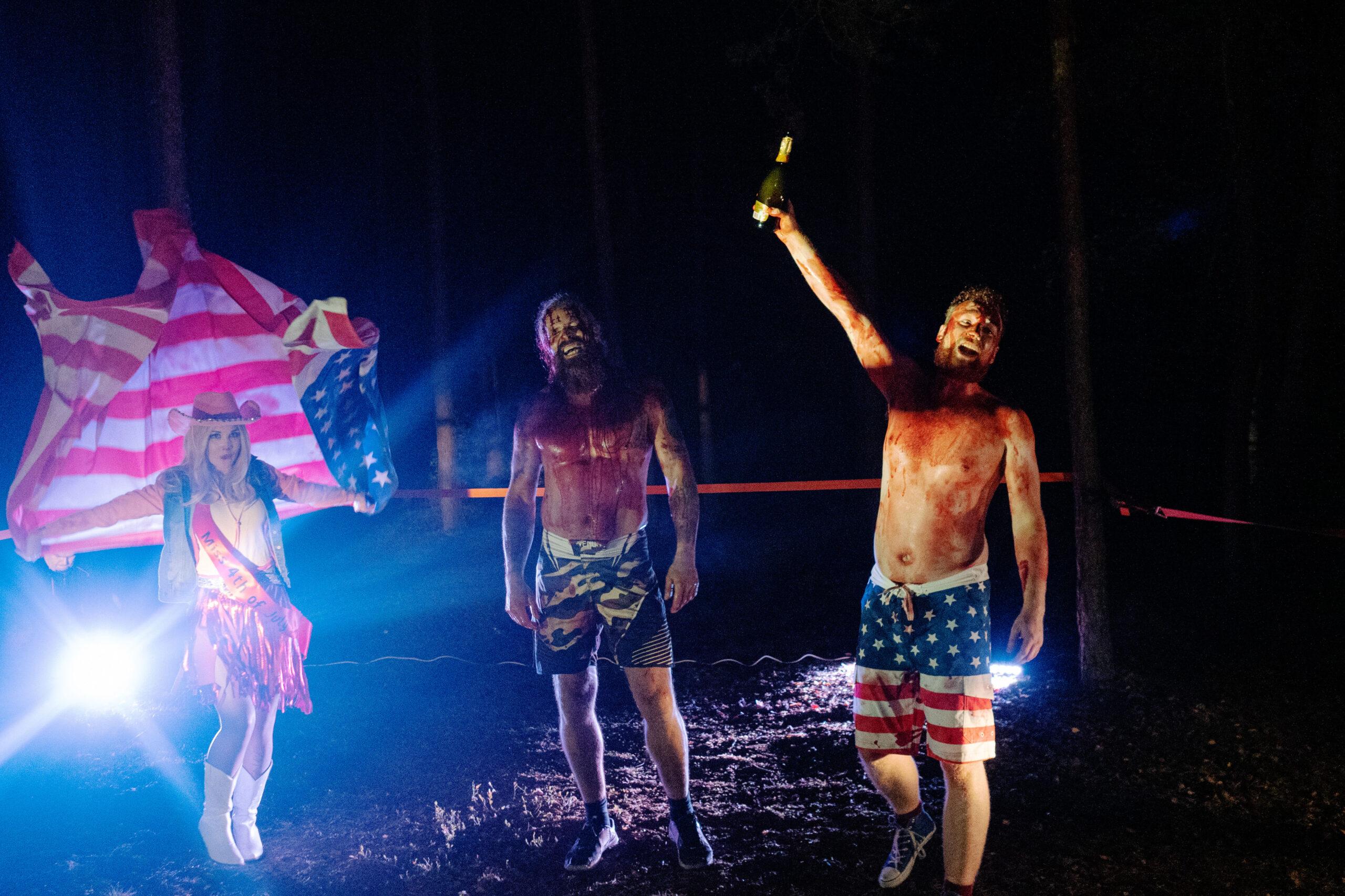 Members of a Live Action Role Playing group dramatize the American dream, dressed in American flag garb in Poland.